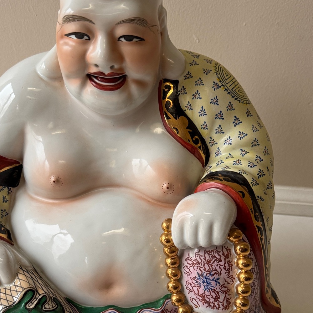 Vintage Hand-Painted Porcelain Laughing Buddha Statue in White and Multicolor - Picture 7 of 14